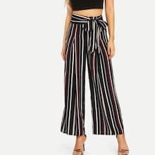 Shein Fold Pleat Belted Striped Palazzo Pants