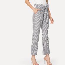 Shein Self Belt Striped Wide Leg Pants With Ruffle Waist