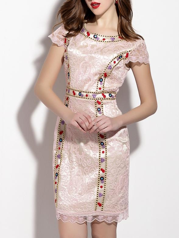 Shein Pink Embroidered Disc Flowers Sheath Dress