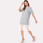 Shein Pearl Embellished Contrast Dot Mesh Hem Dress