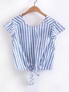 Shein Vertical Striped Knot Front Frill Trim Top