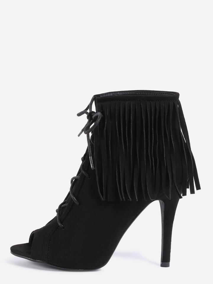 Shein Peep Toe Lace-up Fringe Pumps - Black