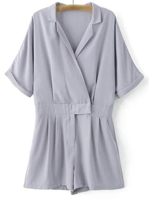 Shein Grey Lapel Zipper Front Pockets Roll Cuff Romper