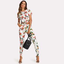 Shein Botanical Print Knot Front Top And Pants Set