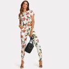 Shein Botanical Print Knot Front Top And Pants Set