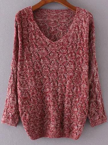 Shein Red V Neck Loose Textured Sweater