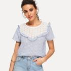 Shein Contrast Eyelet Embroidered Yoke Striped Top