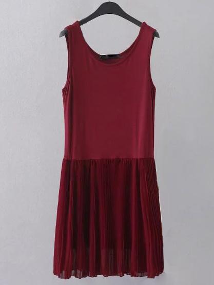 Shein Burgundy Sleeveless Pleated Shift Plain Dress