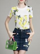 Shein White Lemons Top With Denim Beading Applique Skirt