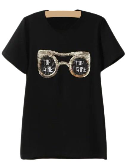 Shein Black Letter Sequined Glasses Casual T-shirt
