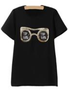 Shein Black Letter Sequined Glasses Casual T-shirt