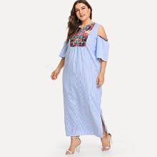 Shein Plus Geo Embroidered Open Shoulder Slit Hem Dress