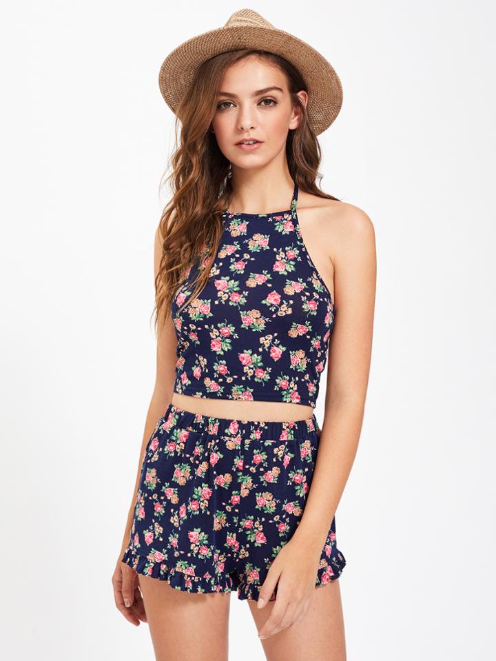 Shein Ditsy Print Crop Halter Top With Frill Hem Shorts