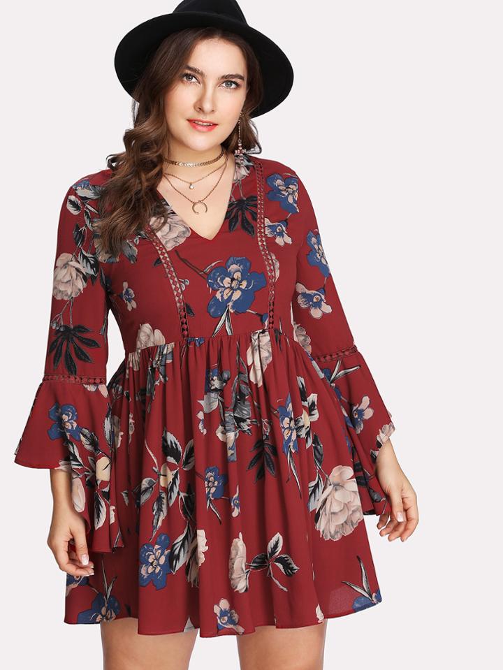 Shein Dot Lace Insert Floral Fit & Flare Dress