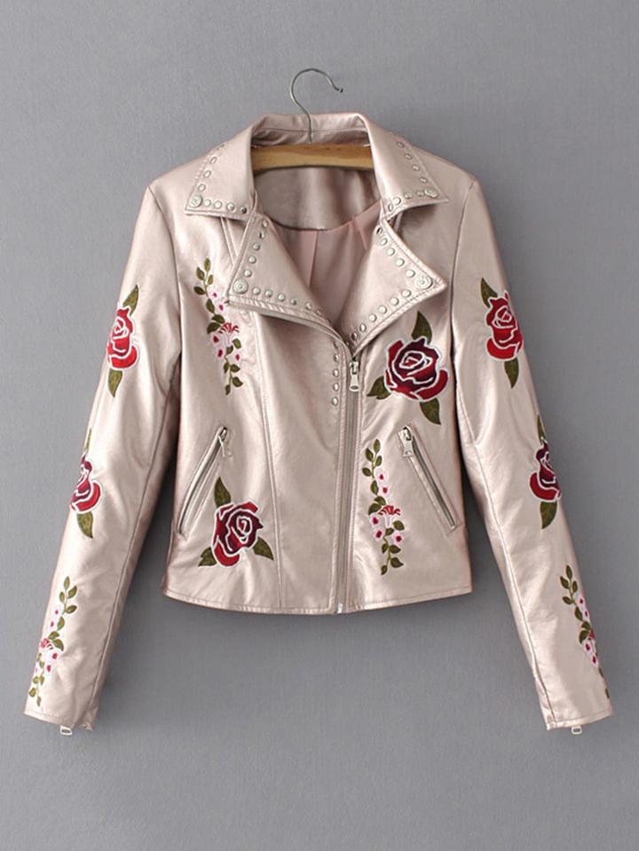 Shein Rose Embroidery Studded Detail Metallic Moto Jacket