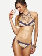 Shein High Neck Color Block Chevron Crochet Bikini Set