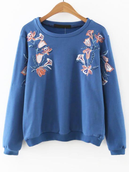 Shein Blue Flower Embroidered Sweatshirt