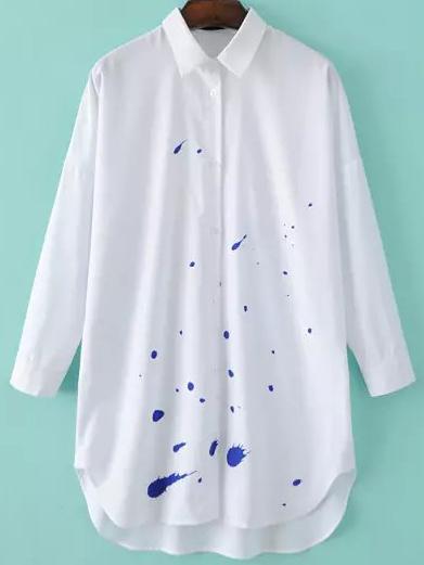 Shein White Lapel Graffiti Print Dip Hem Blouse
