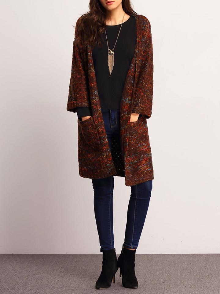 Shein Brown Long Sleeve Diamondback Pockets Coat Sweater