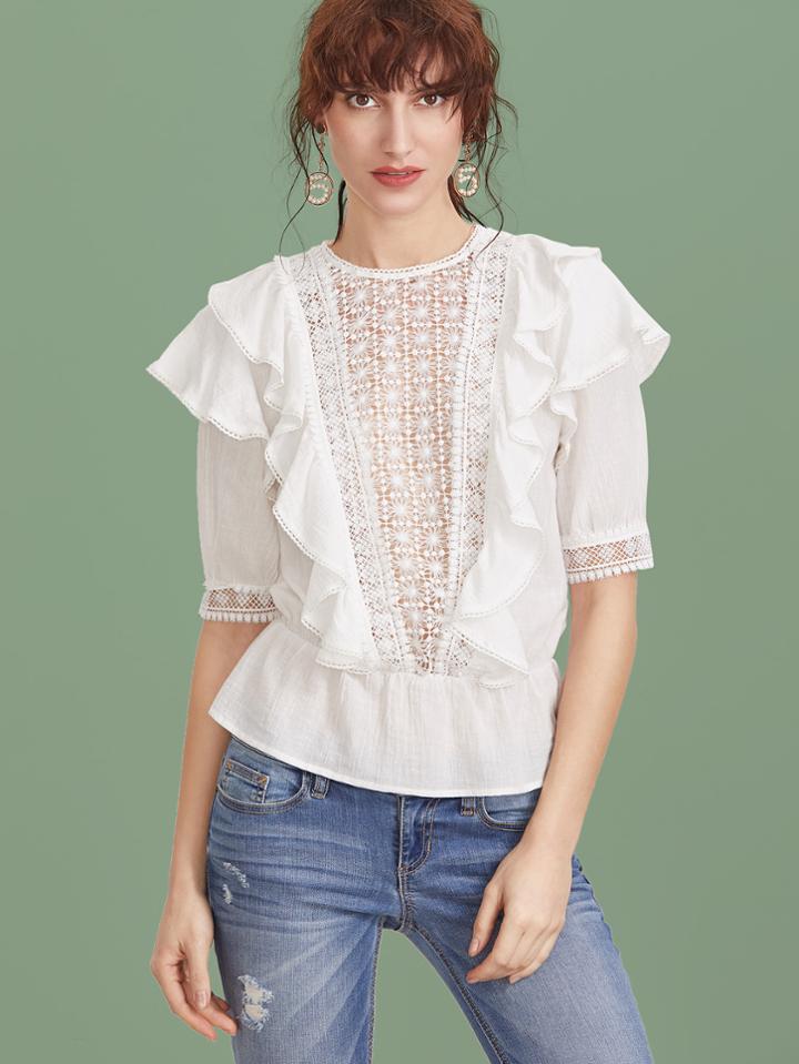 Shein White Crochet V Panel Ruffle Trim Peplum Top
