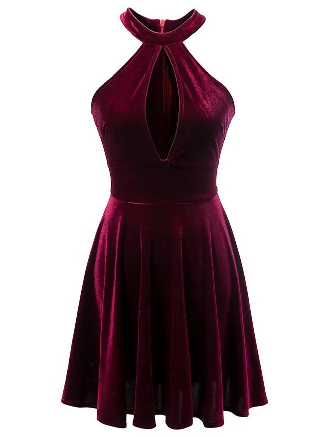 Shein Burgundy Halter Keyhole Velvet A Line Dress