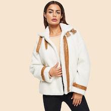 Shein Contrast Faux Leather Detail Teddy Jacket