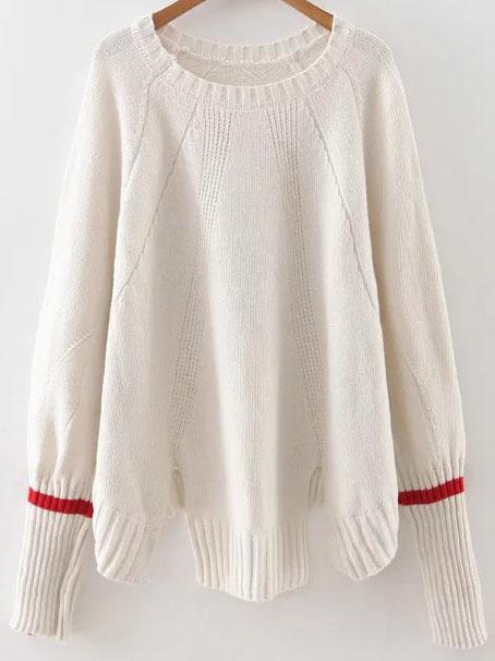 Shein White Ribbed Trim Slit Raglan Sleeve Sweater