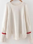 Shein White Ribbed Trim Slit Raglan Sleeve Sweater
