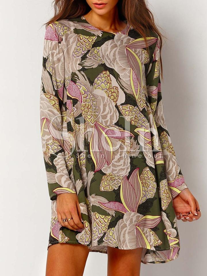 Shein Multicolor Flowers Print Keyhole Back Dress