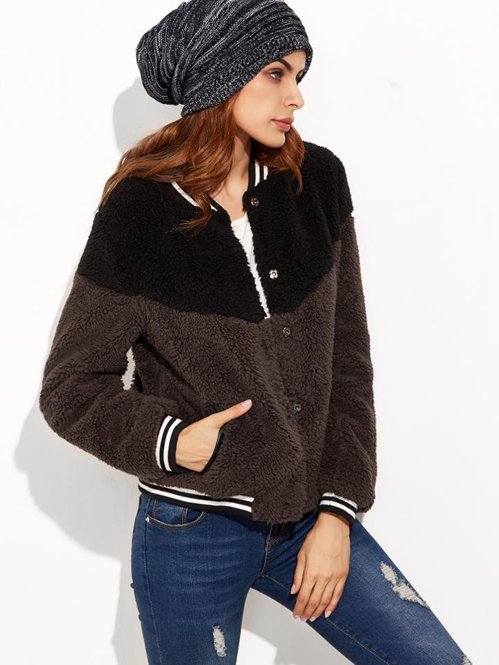 Shein Color Block Striped Trim Fluffy Fleece Bomber Jacket