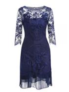 Shein Blue Round Neck Half Sleeve Embroidered Dress