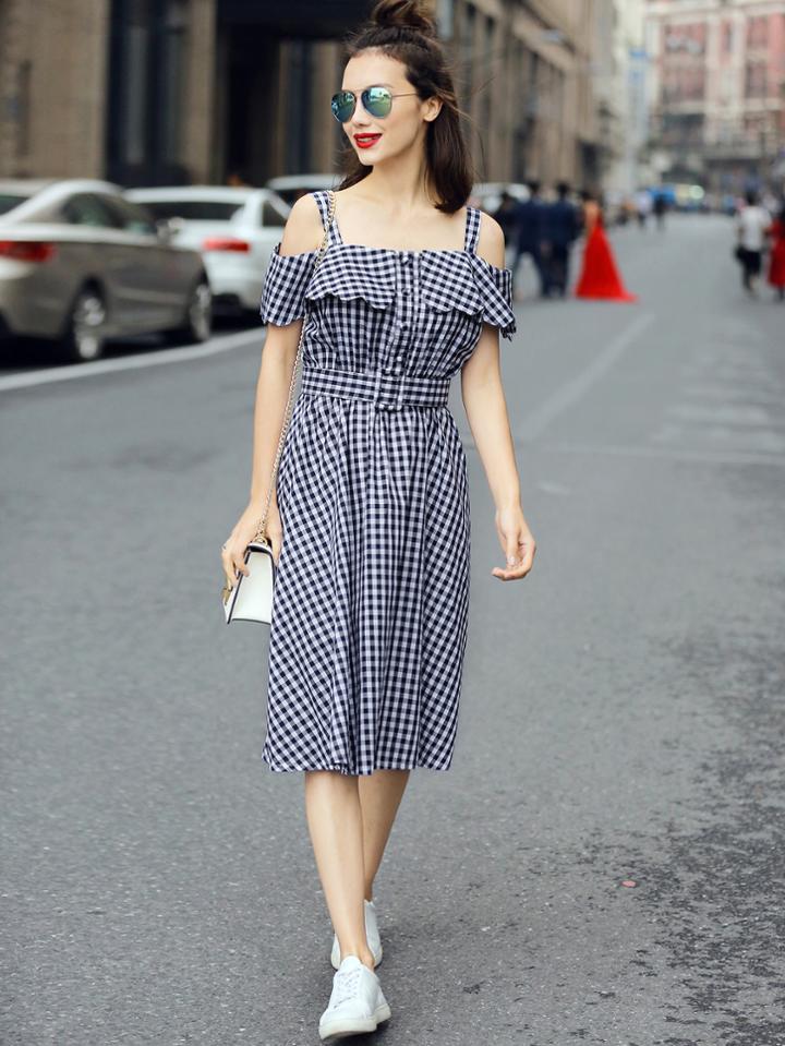 Shein Cold Shoulder Plaid Button Front Belt Dress