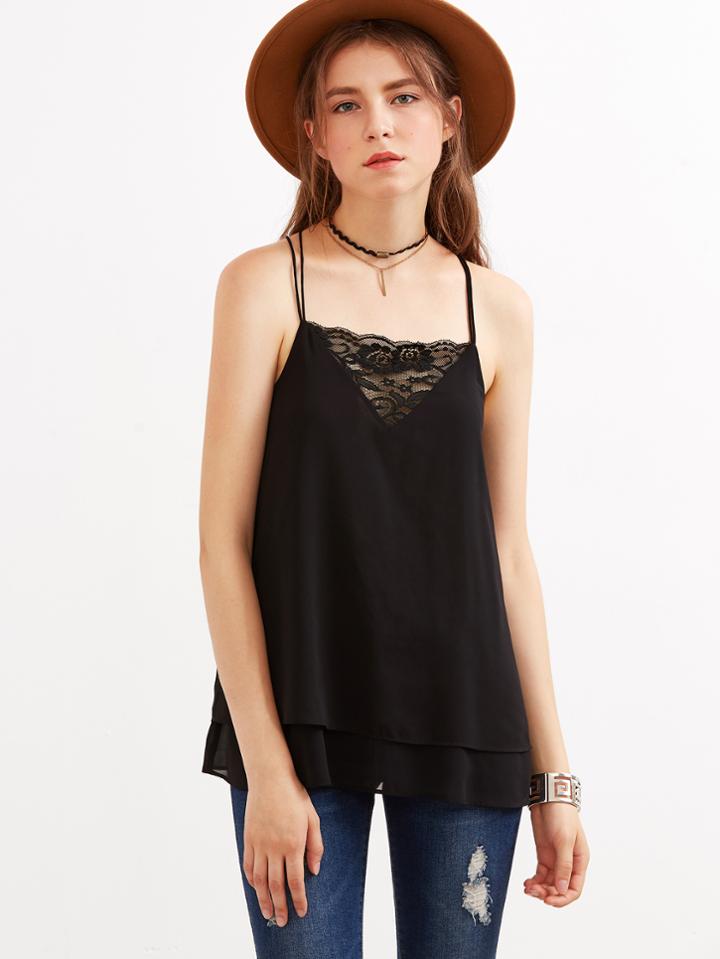 Shein Black Lace Trim Layered Strappy Cami Top