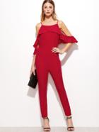 Shein Red Ruffle Cold Shoulder Skinny Jumpsuit