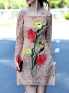 Shein Apricot Boat Neck Flowers Embroidered Lace Dress