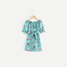 Shein Girls Off Shoulder Tie Waist Florals Dress