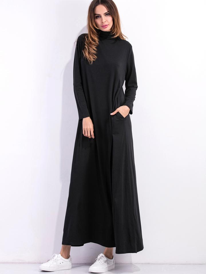Shein Black High Neck Shift Dress With Pockets