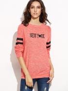 Shein Pink Marled Knit Letter Print Striped Sleeve Sweatshirt