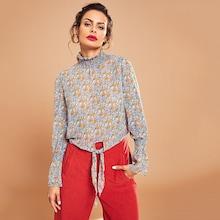 Shein Frill Neck Calico Print Knot Blouse