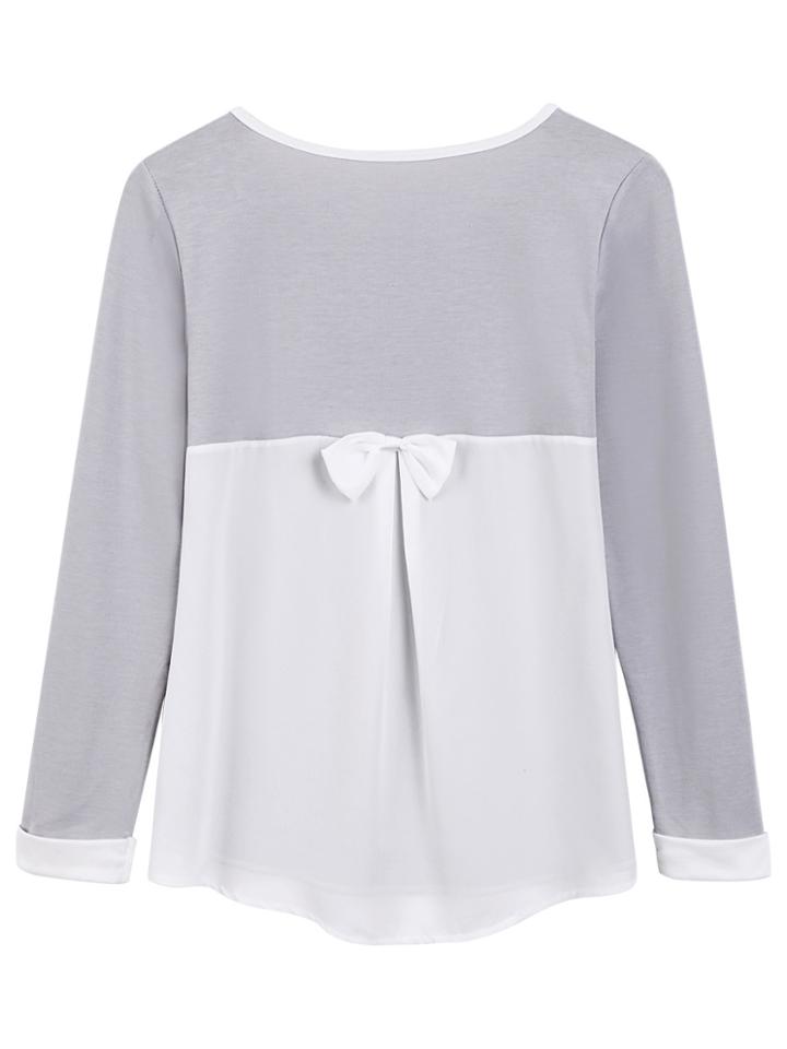 Shein Grey Round Neck Contrast Trims Bow Embellished Blouse