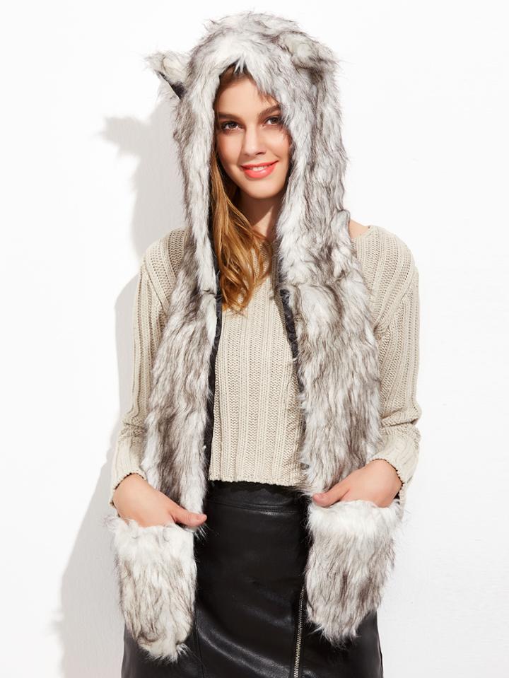 Shein White And Grey Faux Fur Hood Hat With Pockets