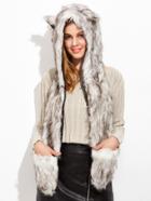Shein White And Grey Faux Fur Hood Hat With Pockets