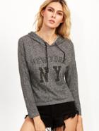 Shein Dark Grey Rhinestone Letter Drawstring Hooded Sweatshirt