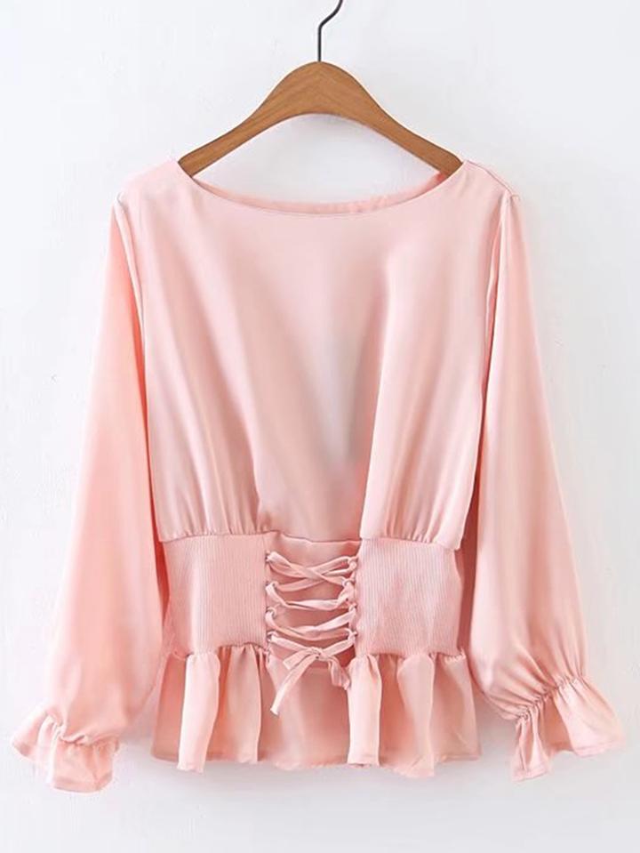 Shein Lace Up Corset Lantern Sleeve Blouse