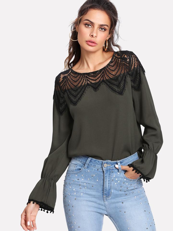 Shein Lace Crochet Contrast Pom Pom Trim Blouse