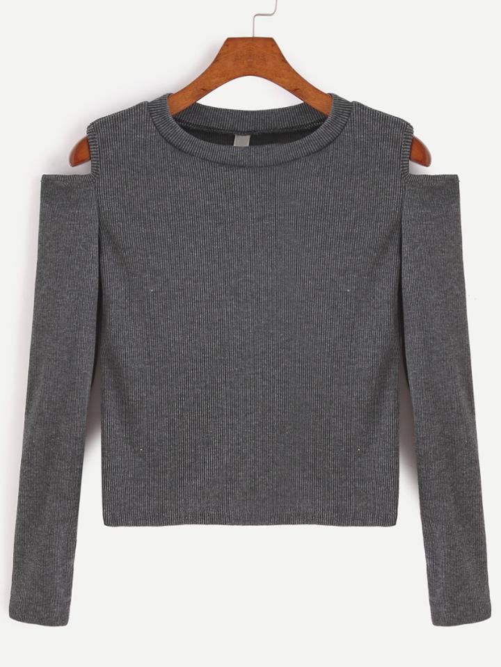 Shein Dark Grey Open Shoulder Crop T-shirt