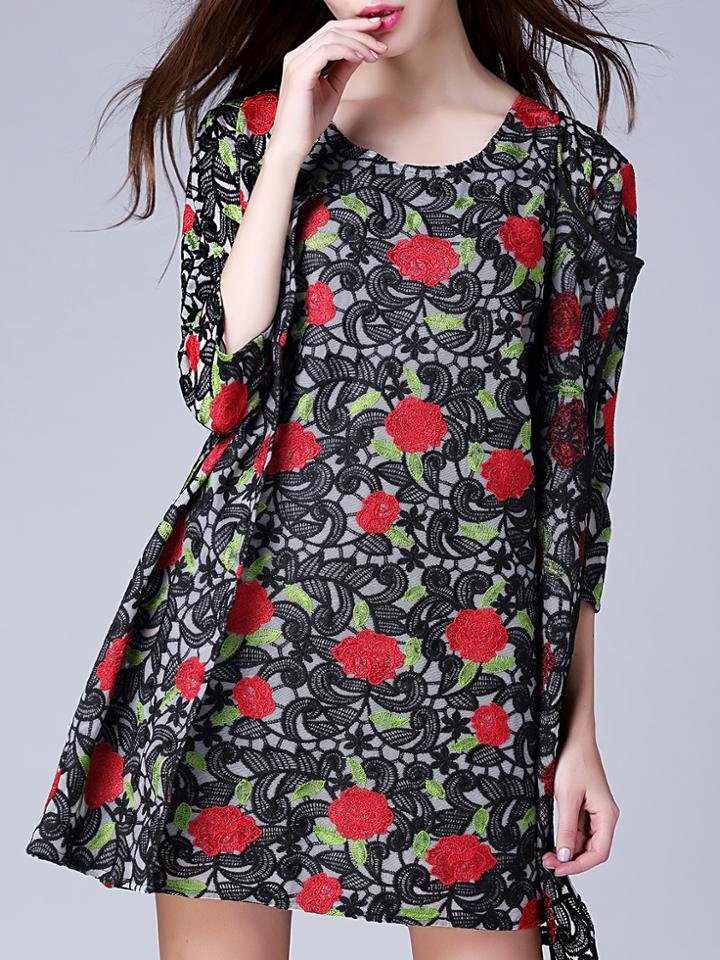 Shein Black Round Neck Long Sleeve Embroidered Two Pieces Dress