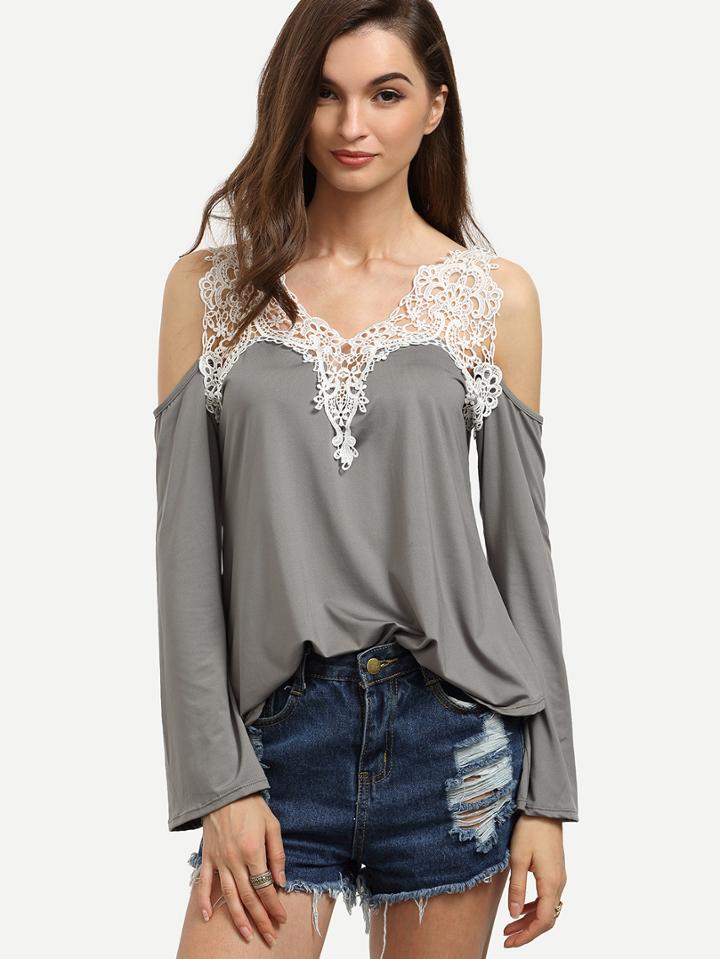 Shein Grey Crochet Lace Trimmed Open Shoulder Long Sleeve Top