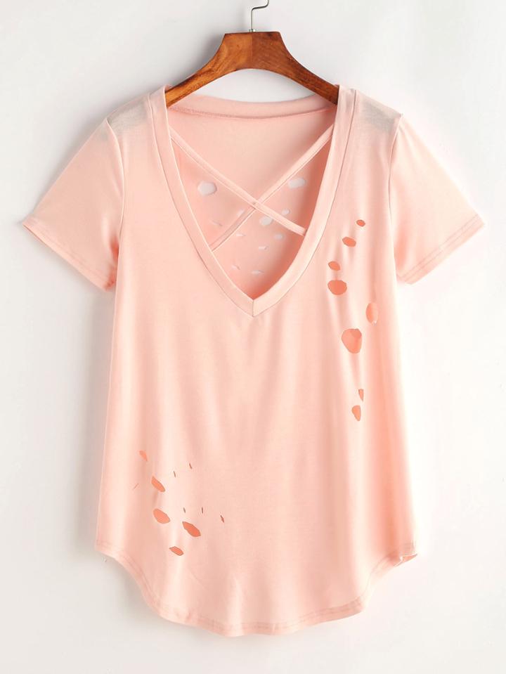Shein V-neckline Criss Cross Ripped Curved Hem Tee