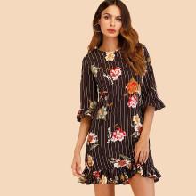 Shein Floral Print Ruffle Trim Striped Dress